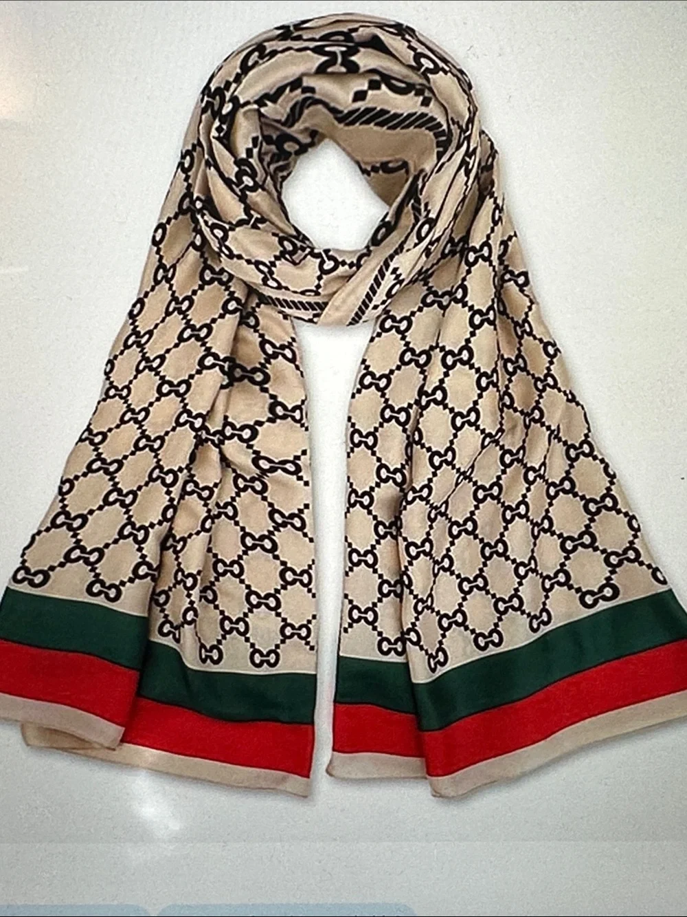 Designer-Inspired Beige Patterned Scarf with Green & Red Trim